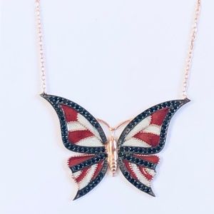 925 Silver butterfly red enamel necklace